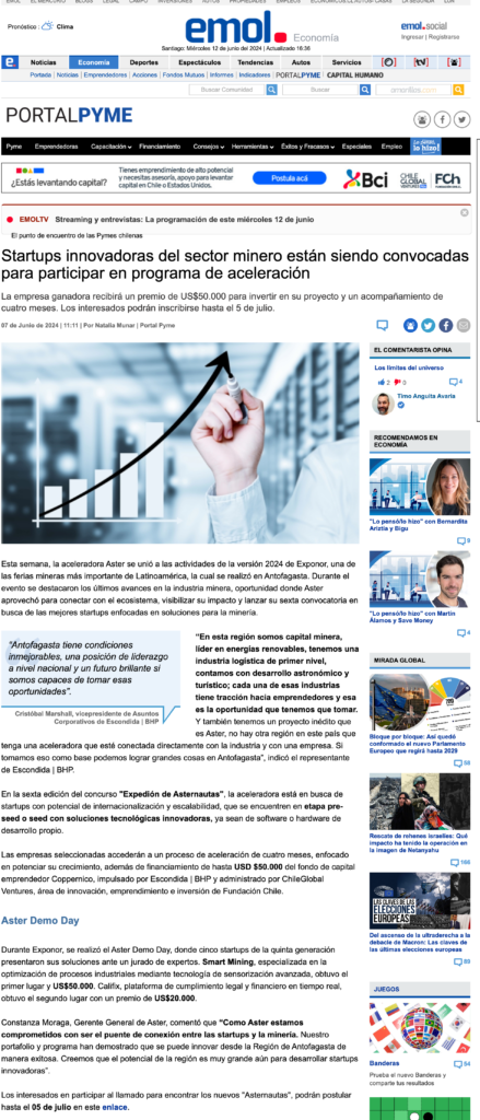 Con 56 startups y más de 1 millón de dólares de capital invertido ASTER abre sexta convocatoria para emprendimientos mineros