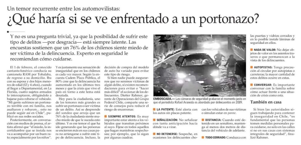 El 76% de los chilenos siente temor de ser víctima de un delito o portonazo
