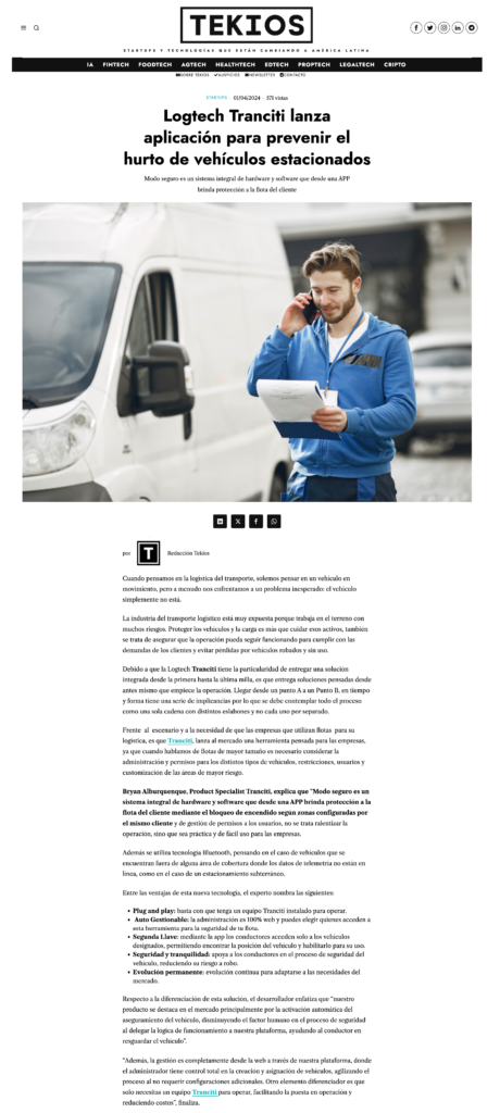 Logtech chilena lanza al mercado aplicación para prevenir el hurto de vehículos estacionados para todo LATAM
